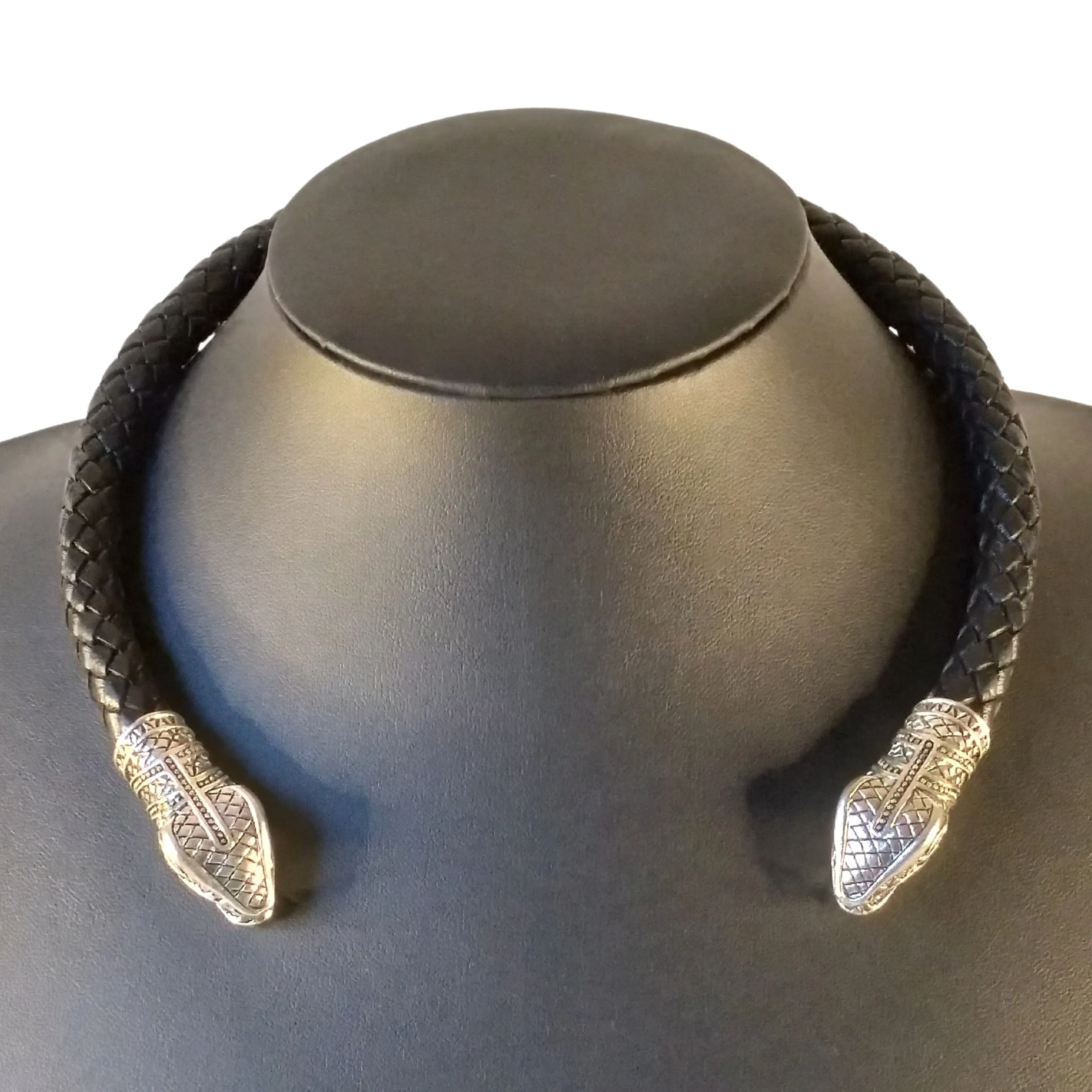 Snake Torc Necklace Silver Black Leather