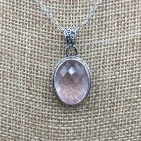 Sterling Silver  Light Pink Rose Quartz Crystal Pendant Necklace