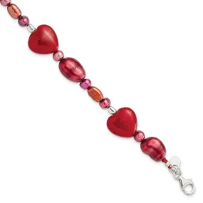 Sterling Silver Red Jade Hearts Pearl Bracelet