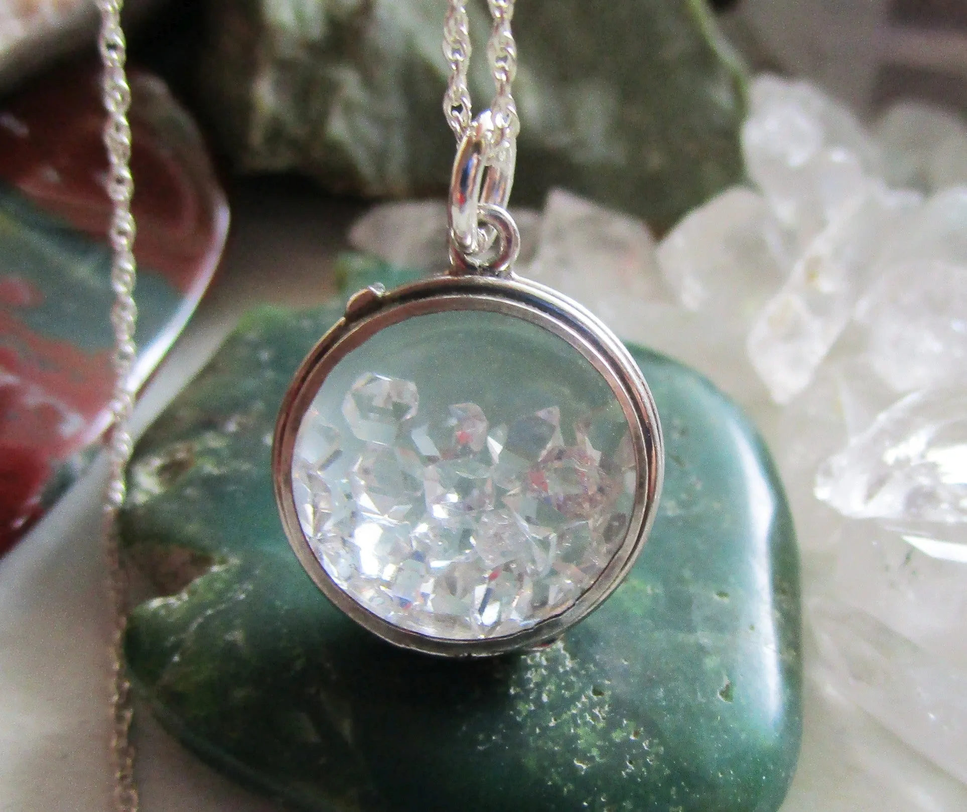 Sterling Silver Vintage Glass Bubble Locket Herkimer Diamonds Necklace