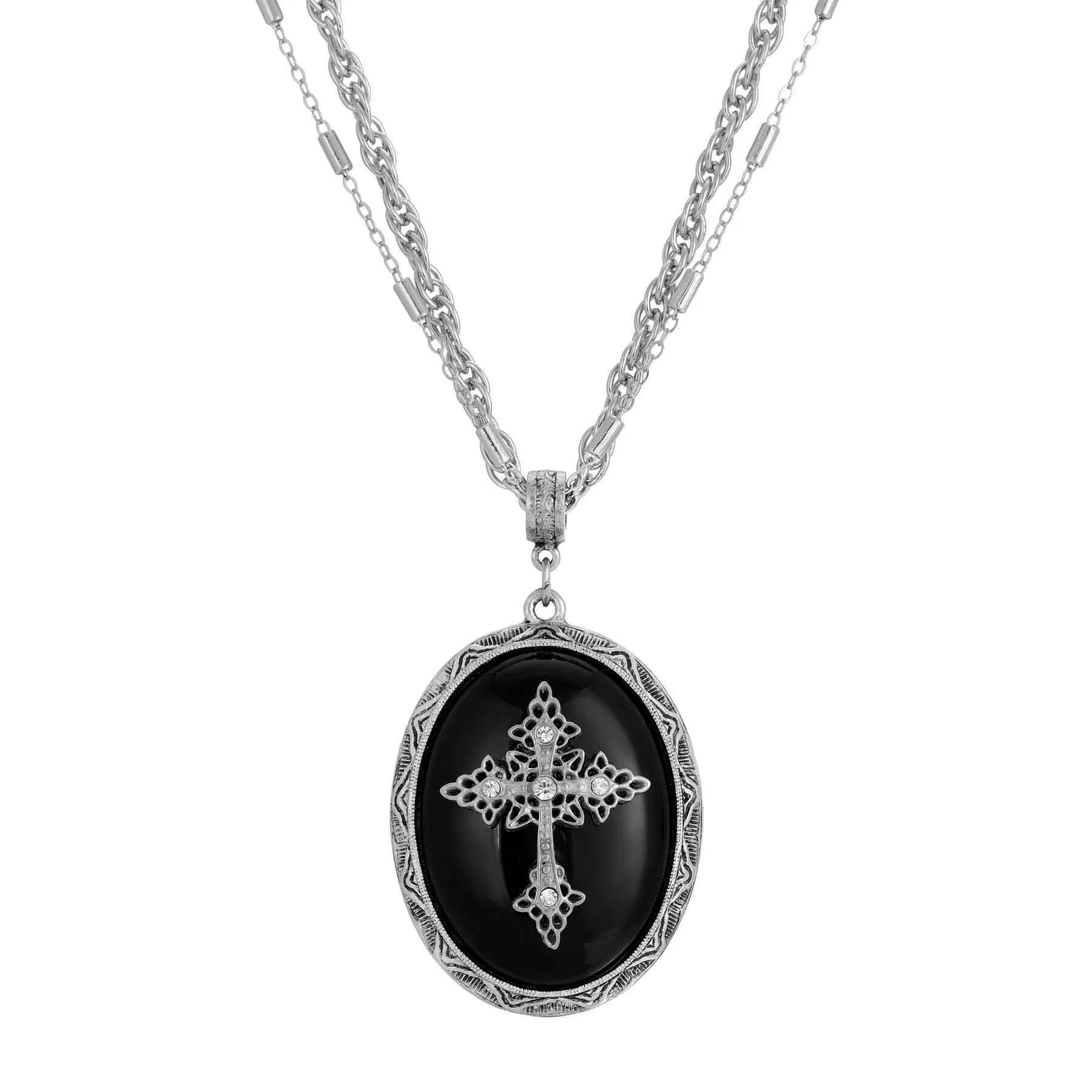 Symbols of Faith Multi Chain Oval Gemstone & Cross Pendant Necklace 18"   3" Extender