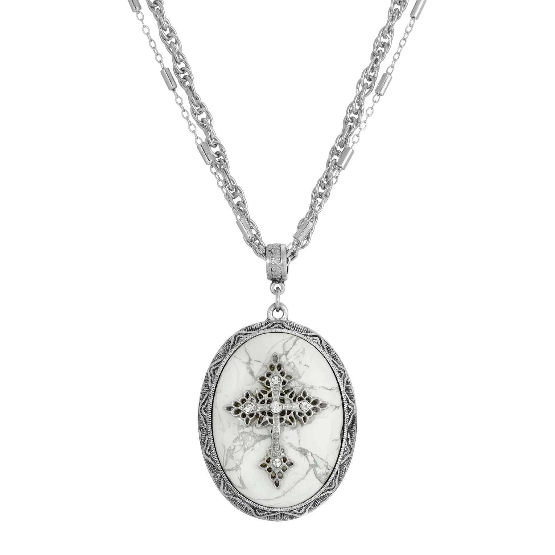 Symbols of Faith Multi Chain Oval Gemstone & Cross Pendant Necklace 18"   3" Extender