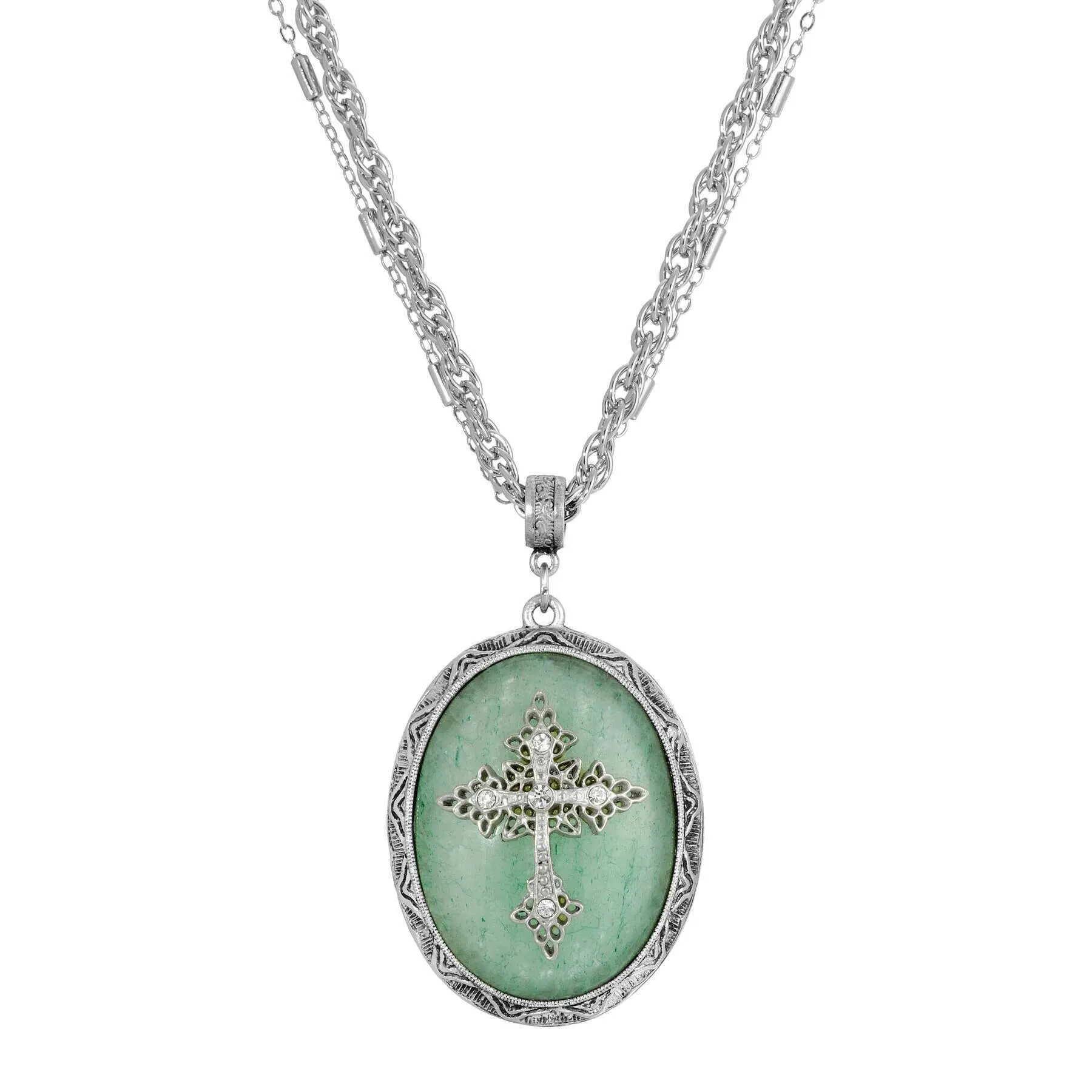 Symbols of Faith Multi Chain Oval Gemstone & Cross Pendant Necklace 18"   3" Extender