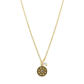 Tarnish Resistant 14k Gold Plated Flower Dial Pendant with Pearl Necklace