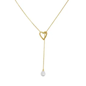 Tarnish Resistant 14k Gold Plated Heart and Freshwater Pearl Lariat Slide Thru Necklace