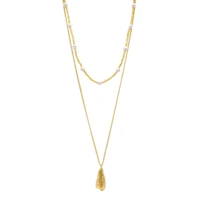 Tarnish Resistant 14k Gold Plated Layered Pendant and Pearl Bead Necklace