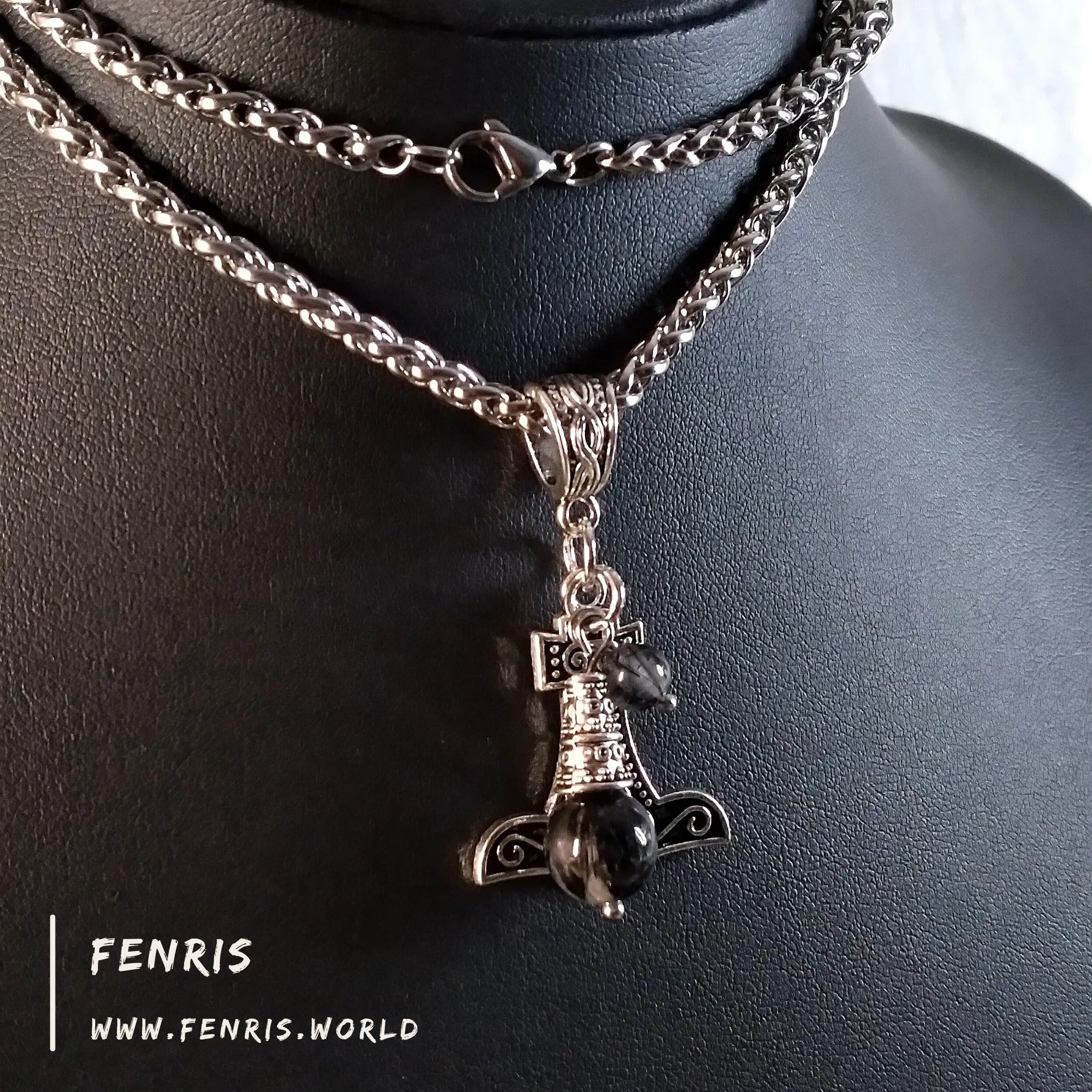 Thor's Hammer Necklace Silver Tourmalinated Quartz Hand Made | Fenris