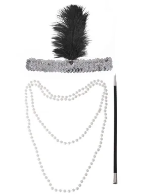 Three Piece Black And Silver 1920s Flapper Accessory Kit