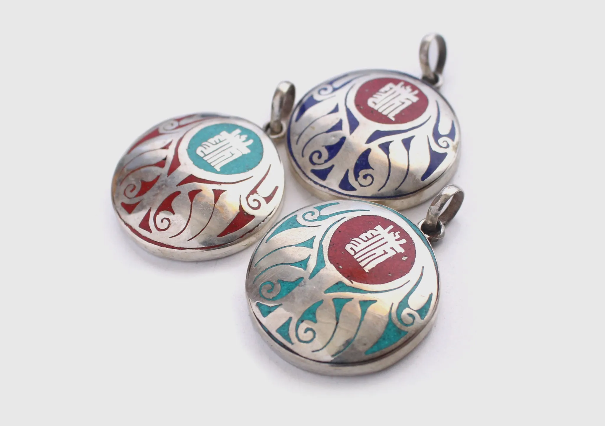 Tibetan Kalachakra Lotus Painted White Metal Pendant