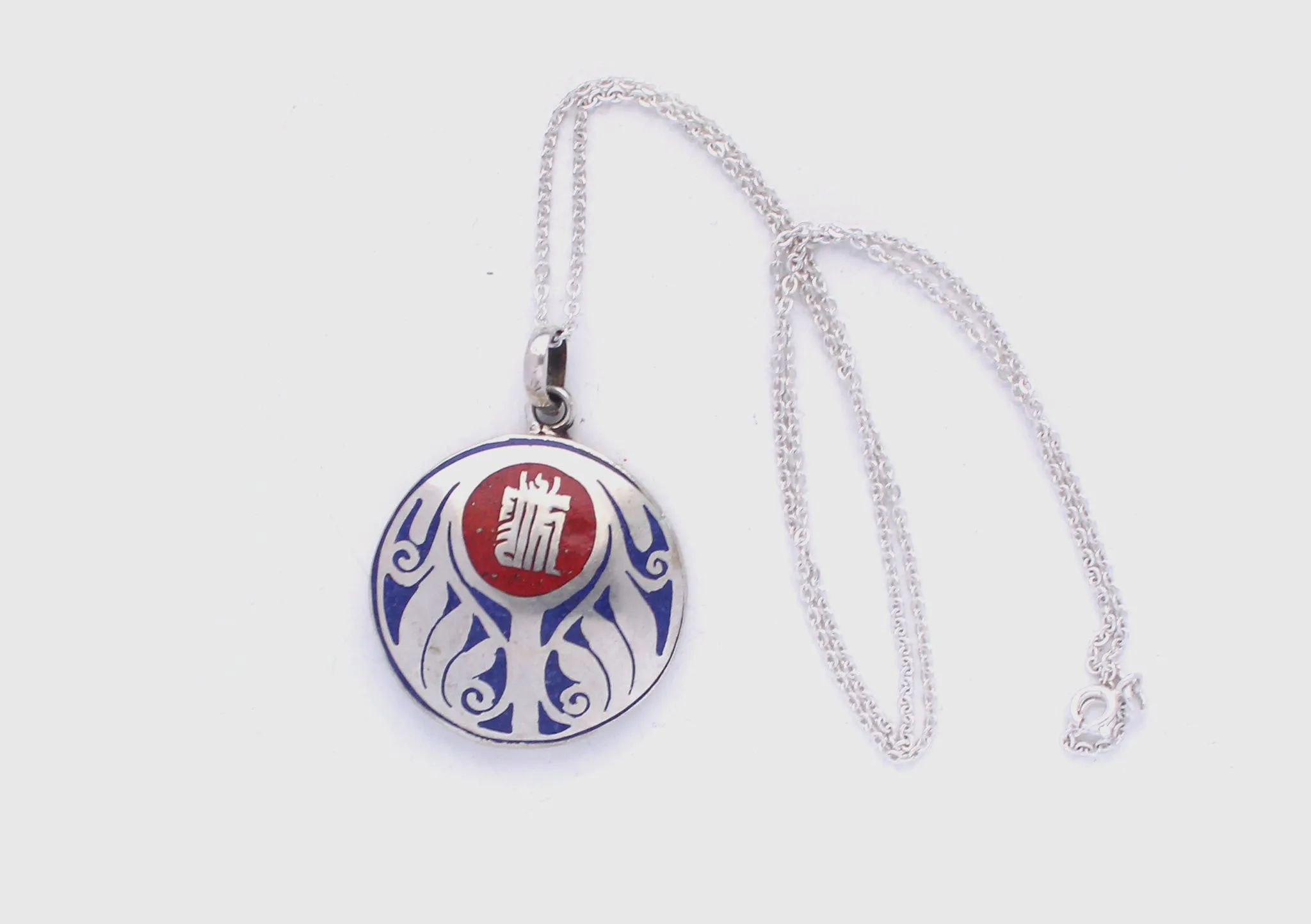 Tibetan Kalachakra Lotus Painted White Metal Pendant