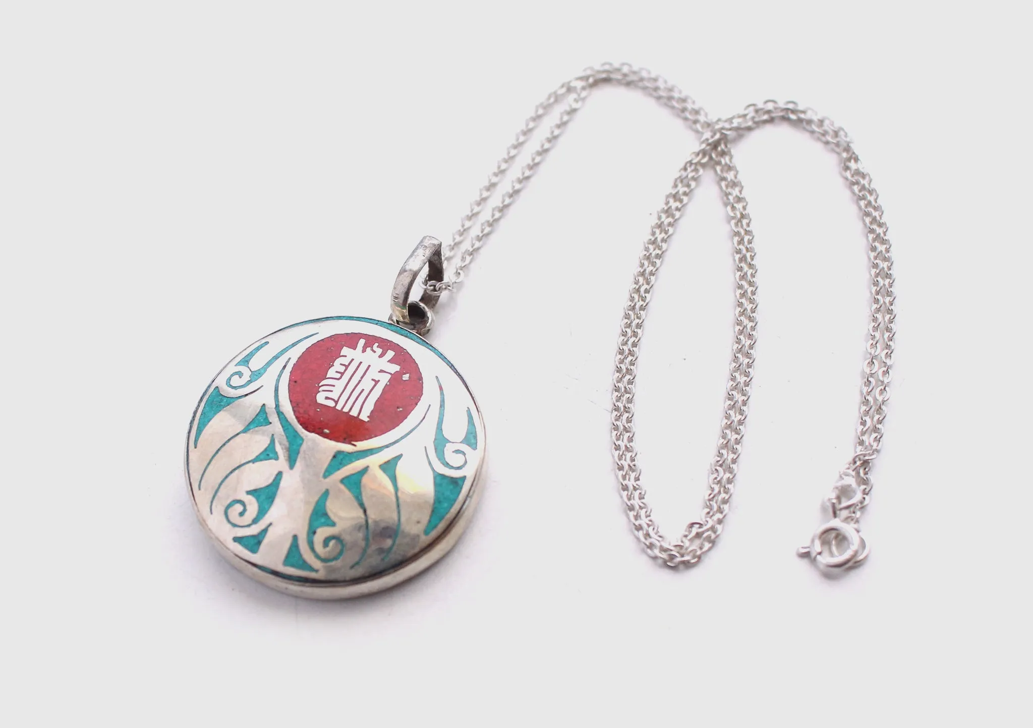 Tibetan Kalachakra Lotus Painted White Metal Pendant