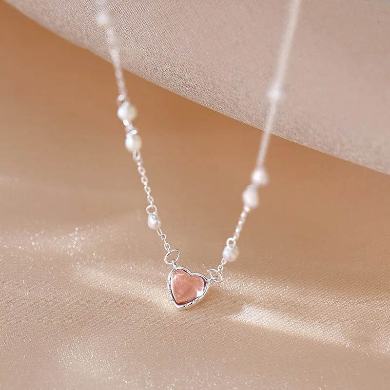 Trendy Sterling Silver Pearl Charm Heart Necklace