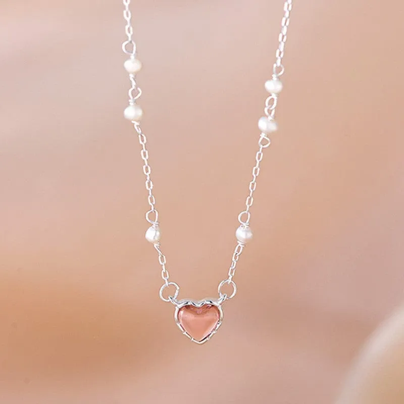 Trendy Sterling Silver Pearl Charm Heart Necklace