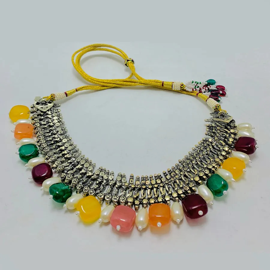 Tribal Multicolor Stones Necklace With Pearls