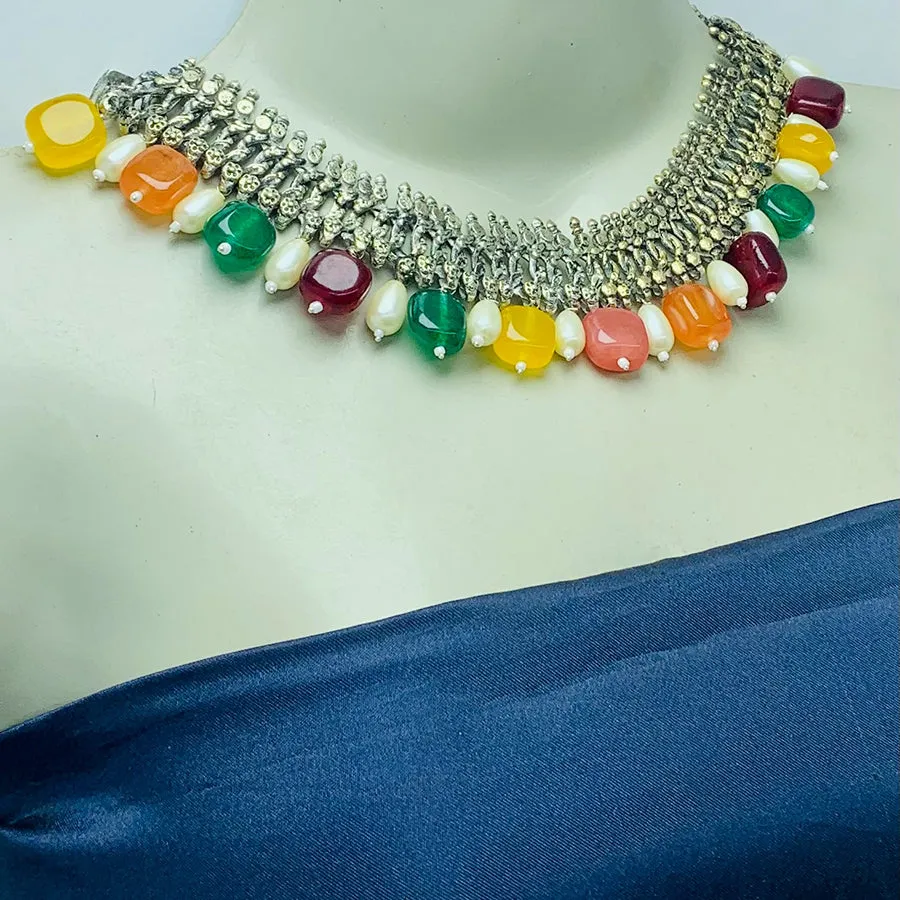 Tribal Multicolor Stones Necklace With Pearls