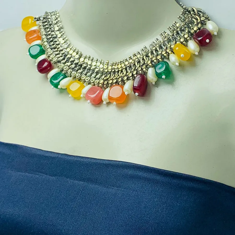 Tribal Multicolor Stones Necklace With Pearls