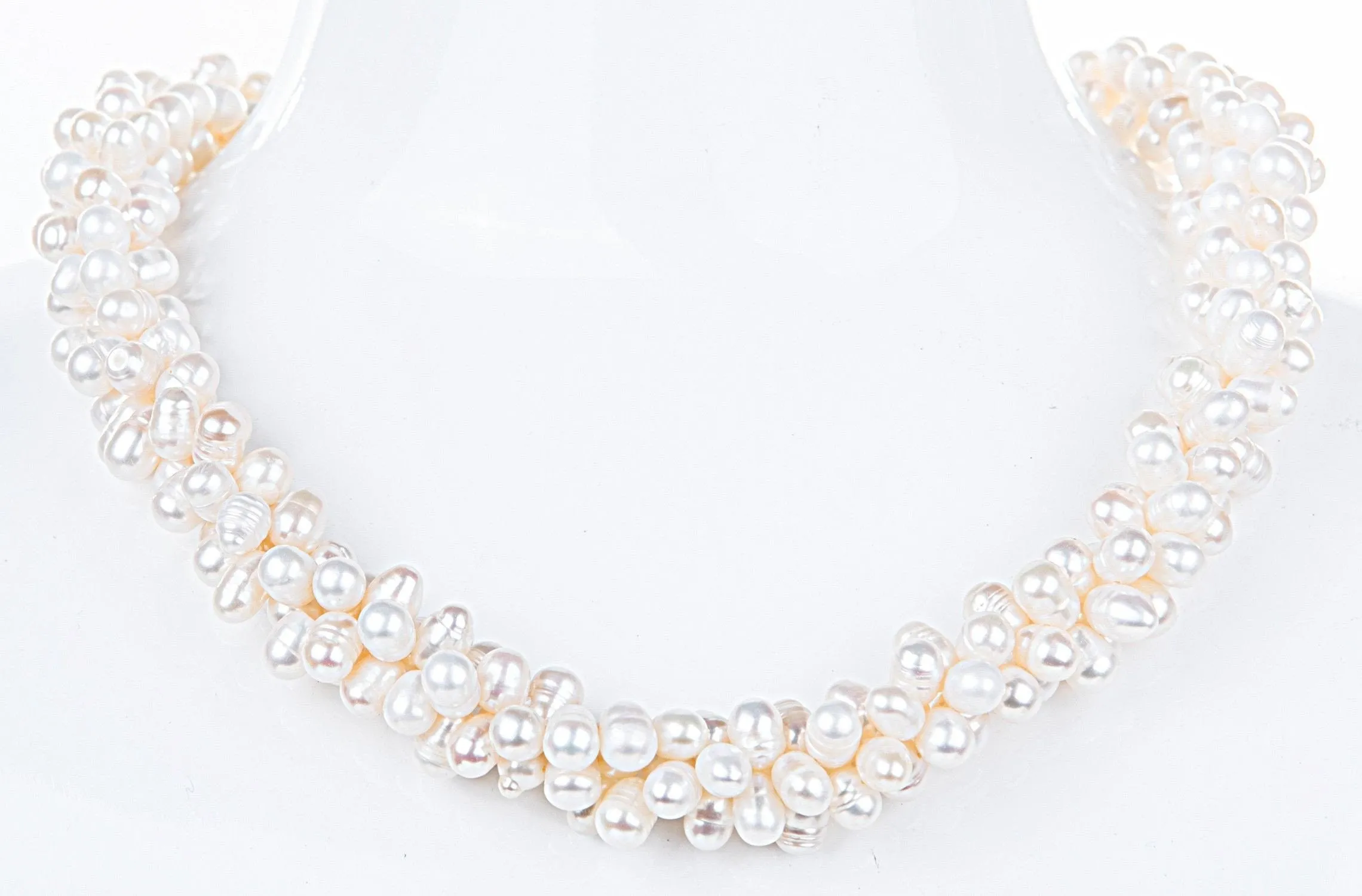 Triple Strand Twisted White Freshwater Pearl Necklace