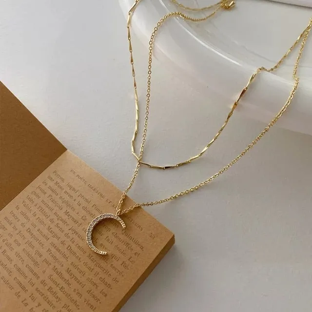 VenusFox High Quality Korean 14k Gold Plated Fine Jewelry Women Fairy Double Chains Necklaces for Female Star Moon Pendant Mom Gifts