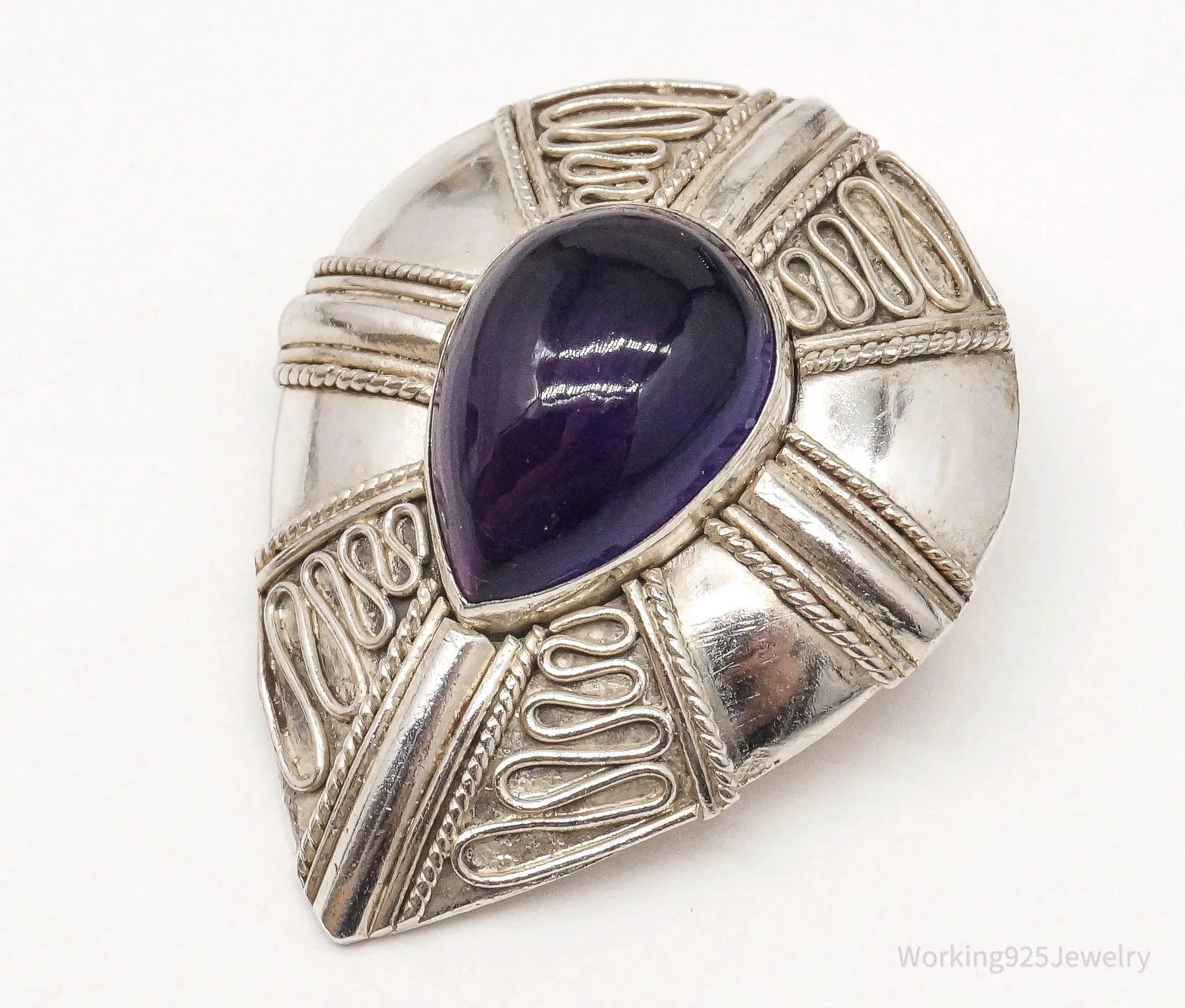 Vintage Amethyst Bali Style Filigree Sterling Silver Brooch Pin Pendant