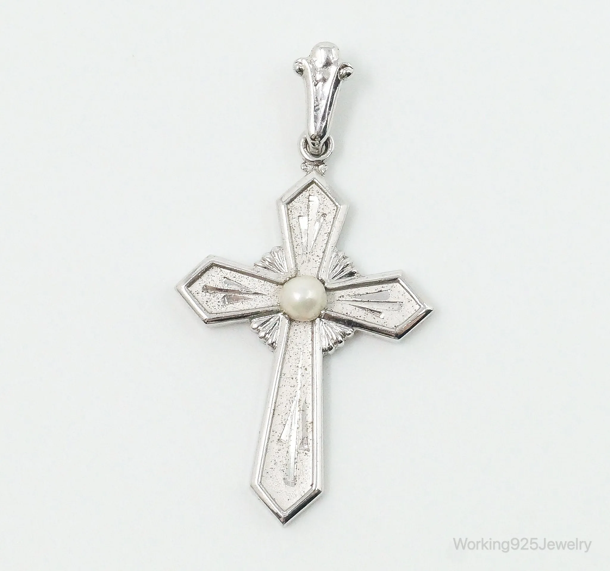 Vintage ANN GALE Pearl Cross Sterling Silver Necklace Pendant