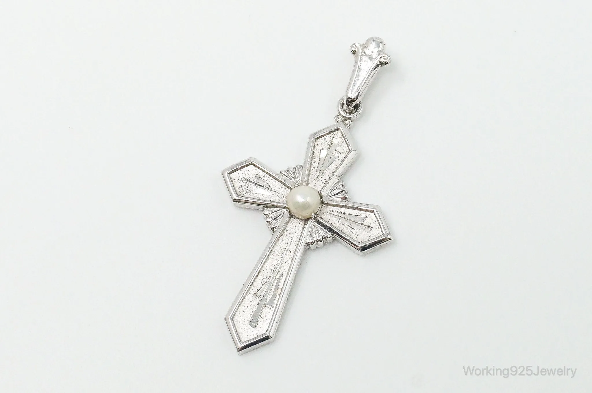 Vintage ANN GALE Pearl Cross Sterling Silver Necklace Pendant