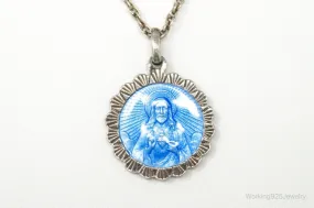 Vintage French Mother Mary Jesus Blue Enamel Sterling Silver Necklace