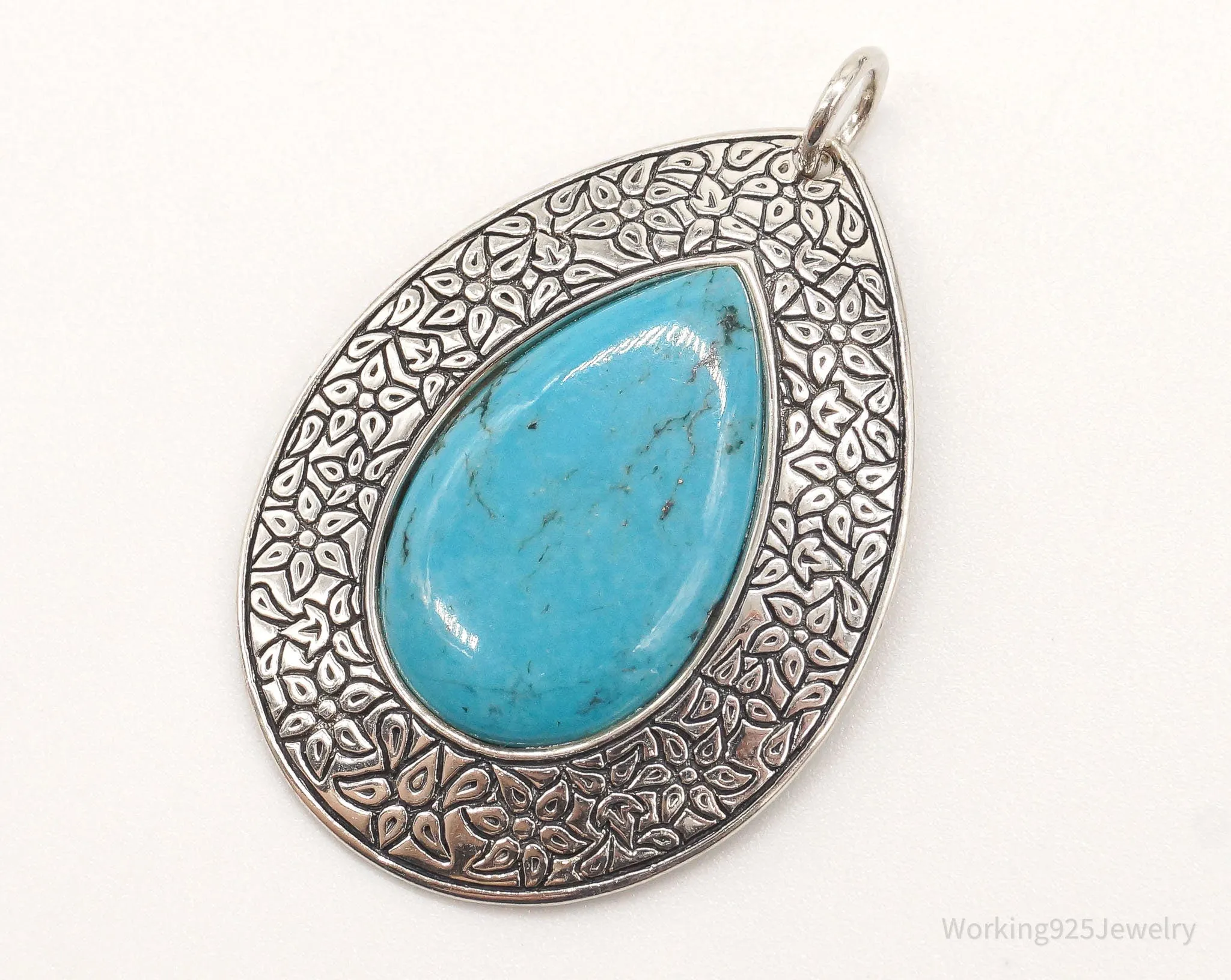 Vintage Large Turquoise Floral Etched Sterling Silver Necklace Pendant