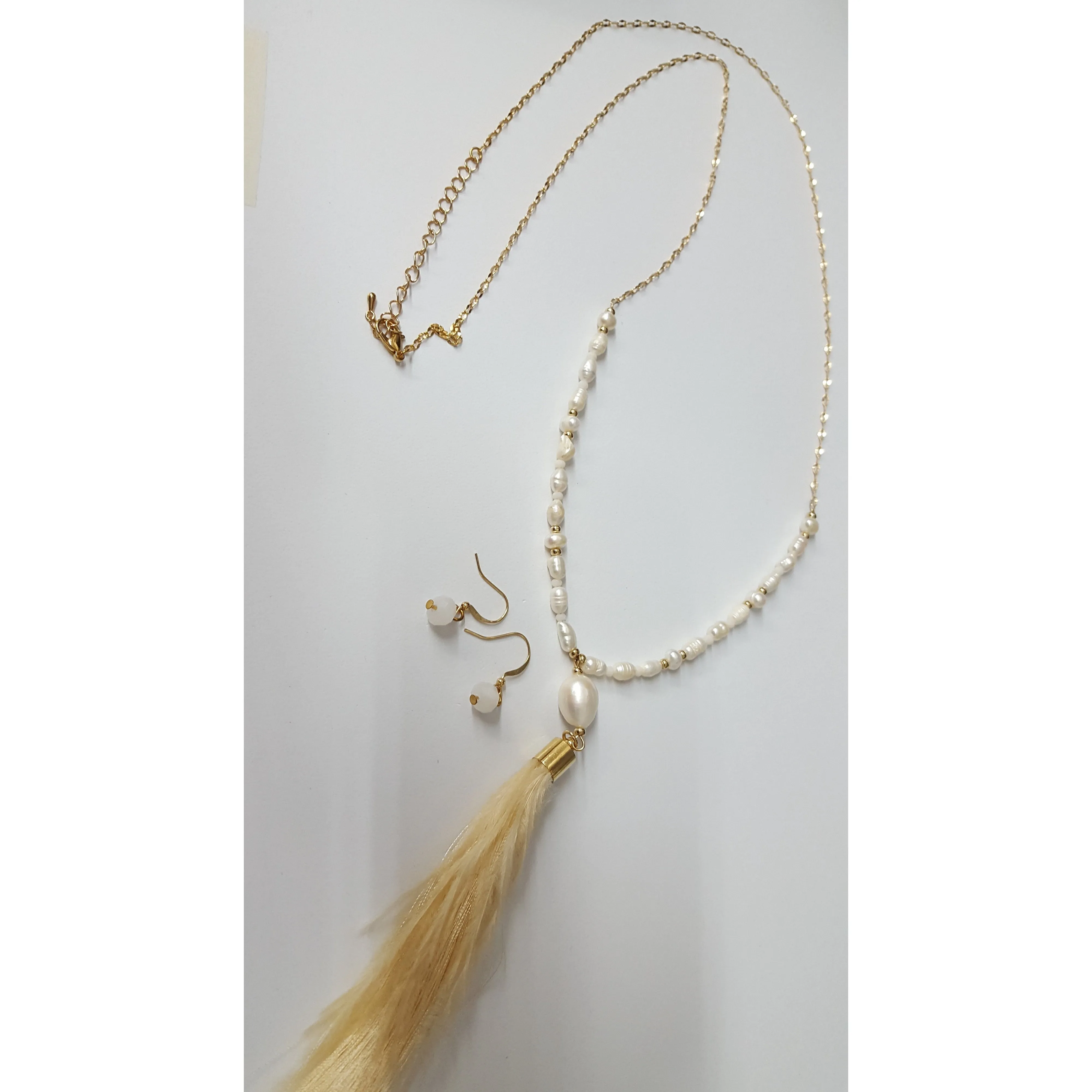 WH Feather and Fringe Pearl Necklace and Earrings