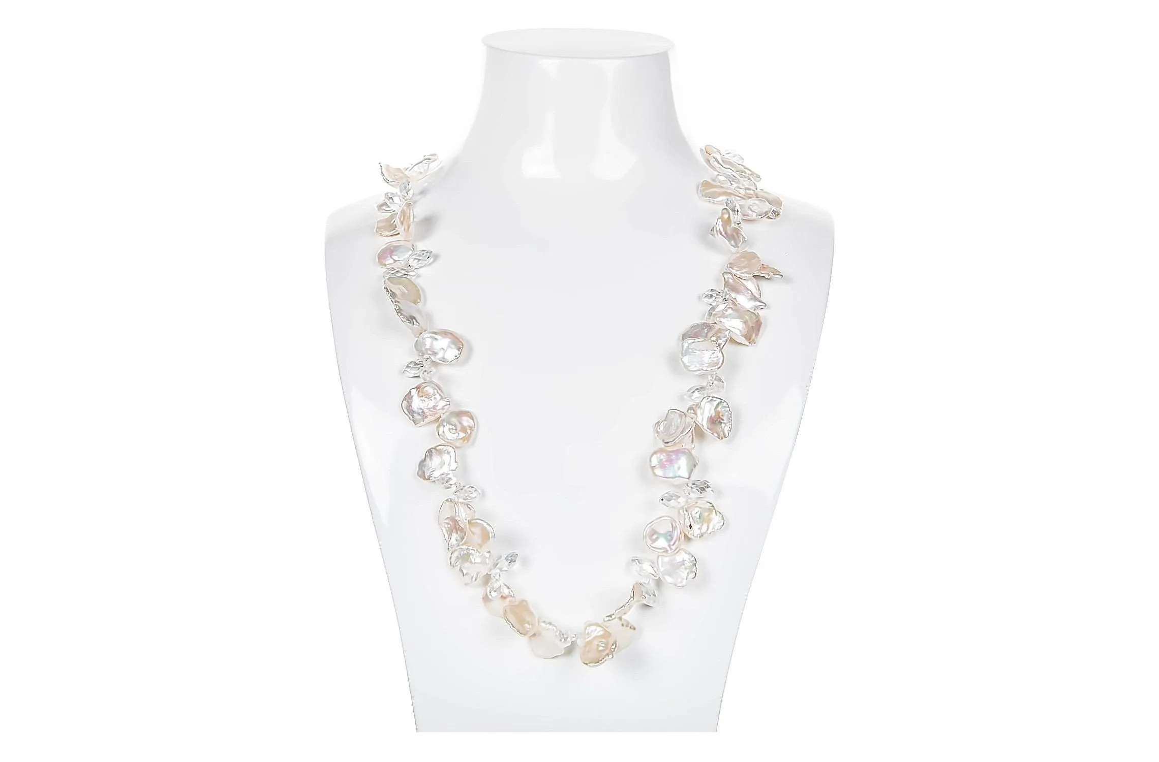 White Freshwater Keshi Pearl and Crystal Long Necklace