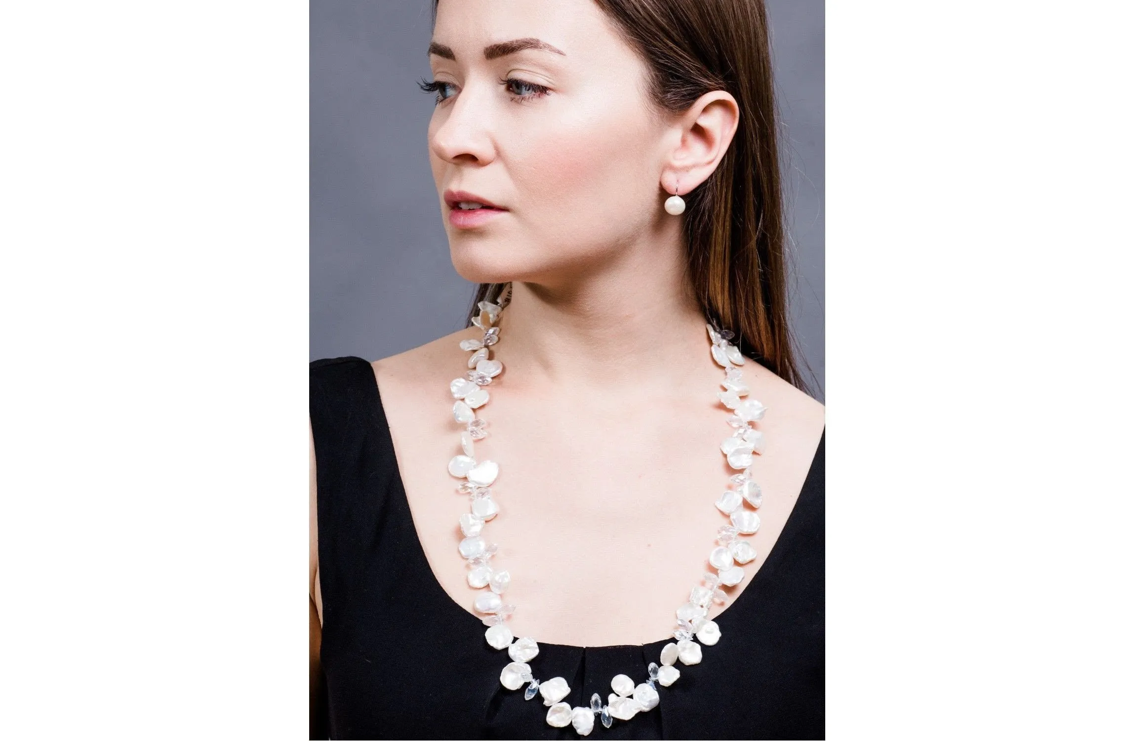 White Freshwater Keshi Pearl and Crystal Long Necklace