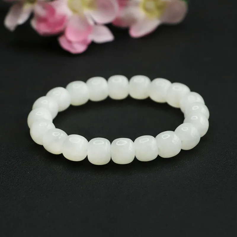 White Jade Bucket Beads Bracelet with Sterling Silver Needle - Fortune's Favor Collection