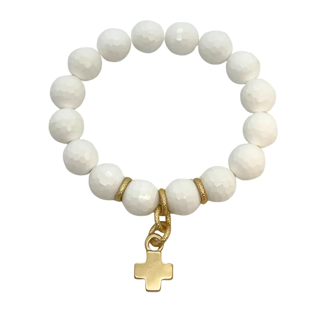 White Jade Stretch Bracelet With Matte Gold Cross