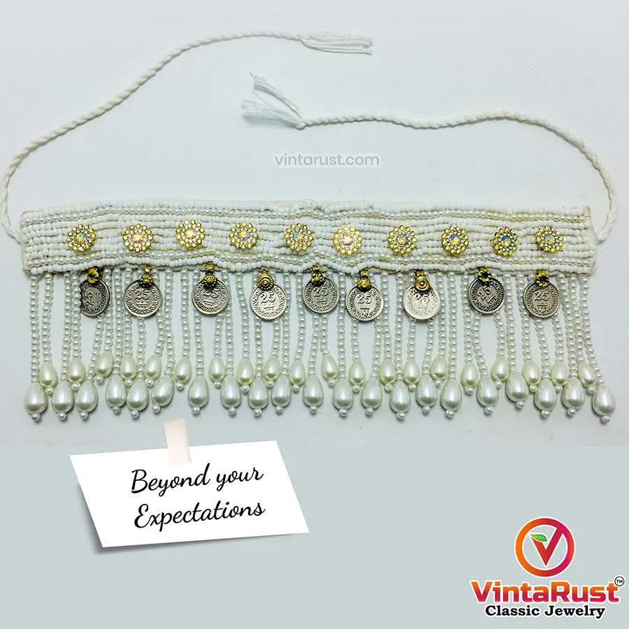 White Statement Beaded Choker Necklace With Pearls