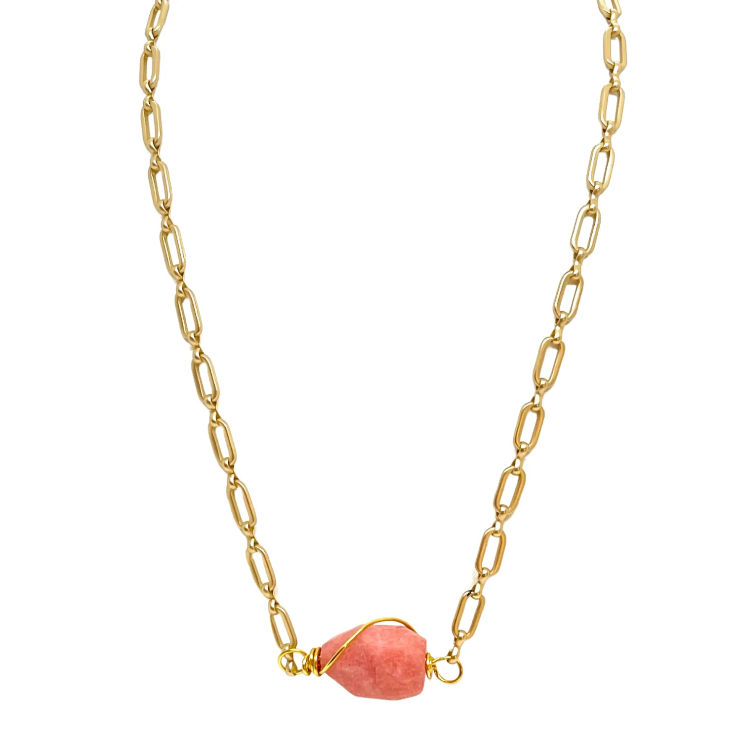 Wire Wrapped Peach Quartz on Matte Gold Paperclip Chain