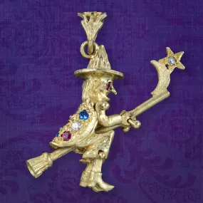 Witch On Broomstick Pendant 9ct Gold Diamond Ruby Sapphire