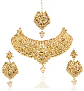 Yellow Chimes Gold Plated Traditional Flower Designer Studded pearl Choker Necklace, Earring & Maang Tikka Set Necklace set Necklace Jewellery Set For Women & Girls