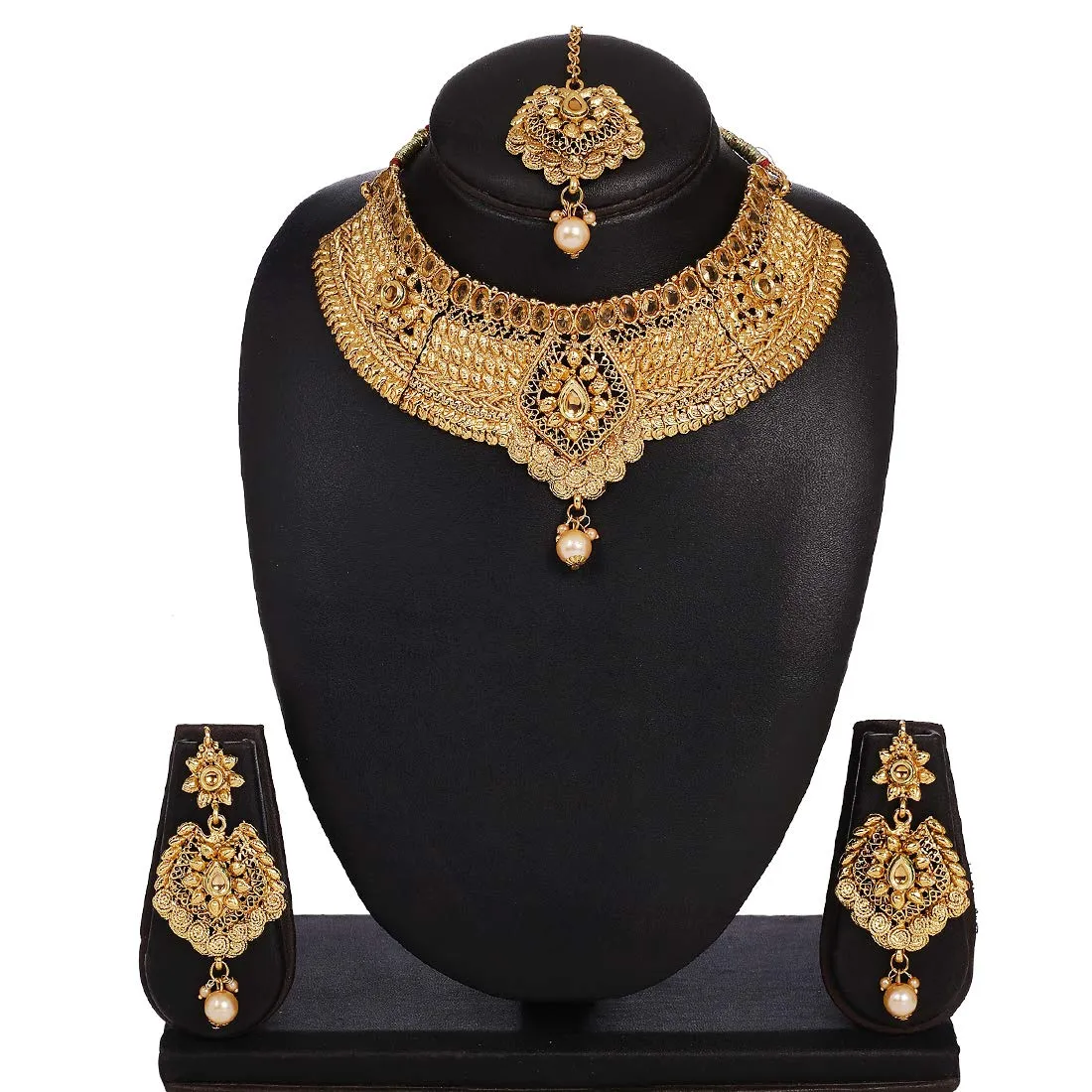 Yellow Chimes Gold Plated Traditional Flower Designer Studded pearl Choker Necklace, Earring & Maang Tikka Set Necklace set Necklace Jewellery Set For Women & Girls