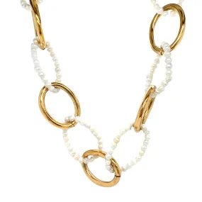 Yellow Gold Plate & Pearl Large Oval Link Necklace - "Gisele"